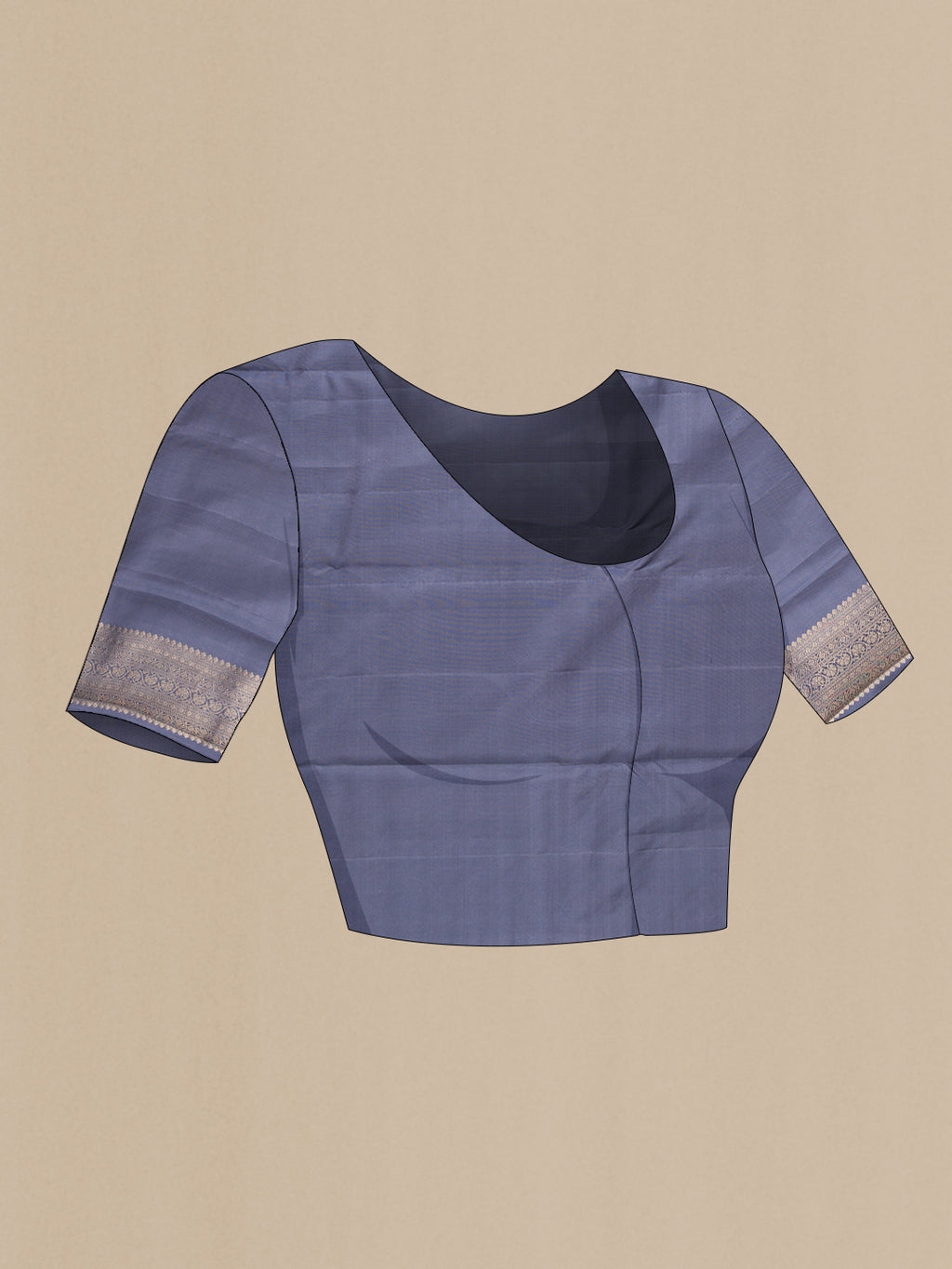 Close up image of the blouse of Pure Silk Grey Kanjivaram Saree with Zari Brocade on the body and Zari Border. 