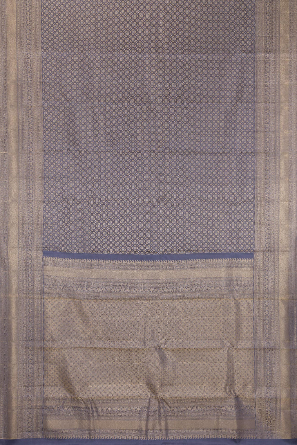 Flat view of Pure Silk Grey Kanjivaram Saree with Zari Brocade on the body and Zari Border. 