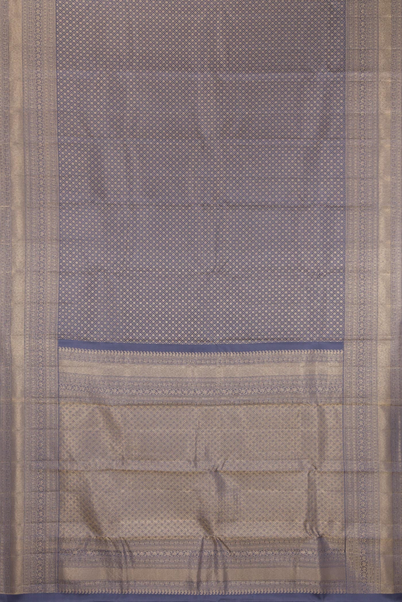 Flat view of Pure Silk Grey Kanjivaram Saree with Zari Brocade on the body and Zari Border. 