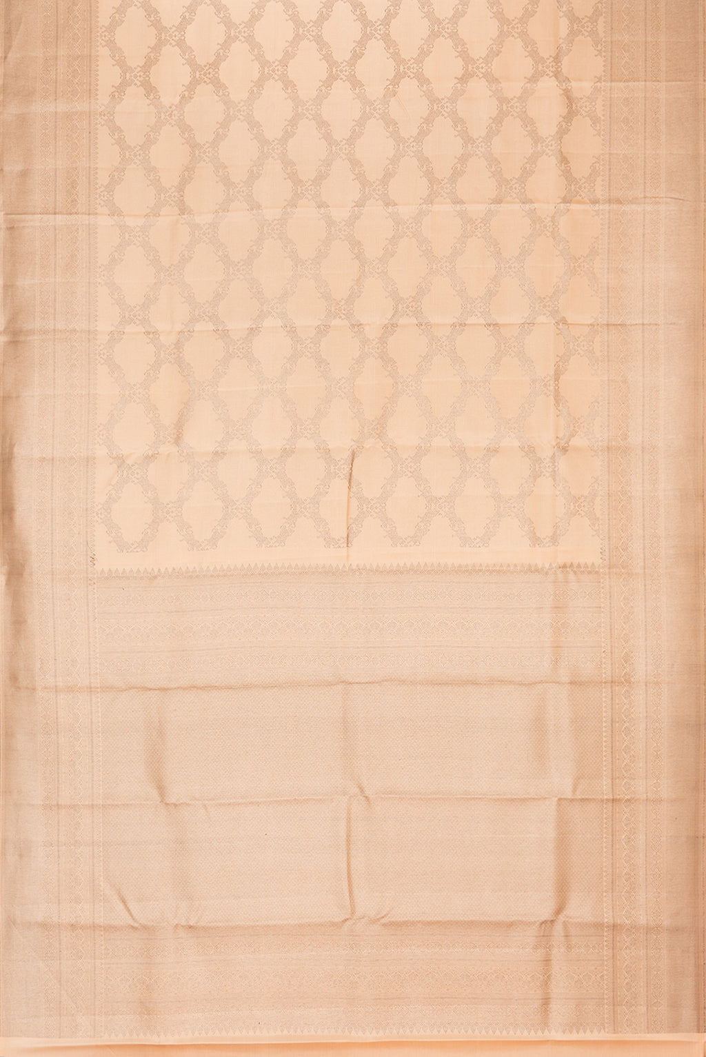 Flat view of Pure Silk Golden Peach Dual Tone Kanjivaram Saree with Zari Brocade on the body and Fancy Border. 