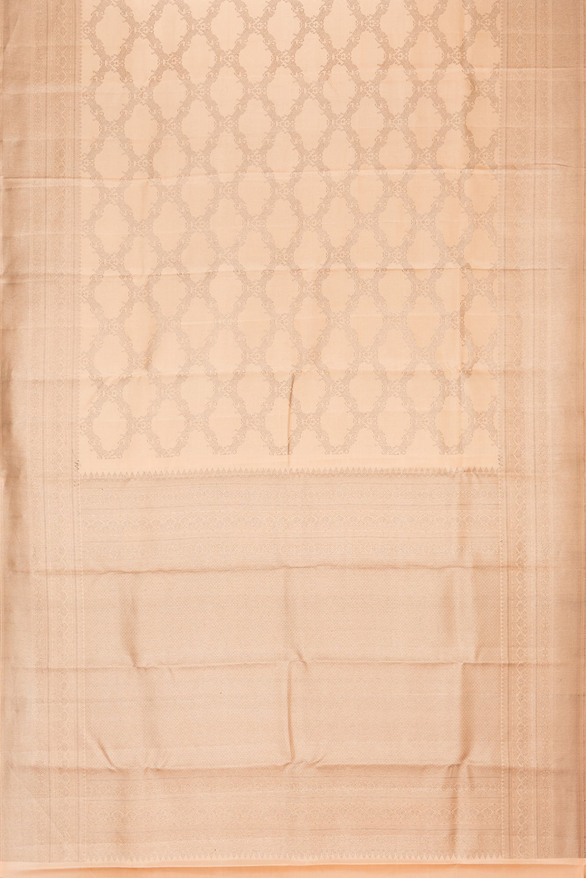 Flat view of Pure Silk Golden Peach Dual Tone Kanjivaram Saree with Zari Brocade on the body and Fancy Border. 