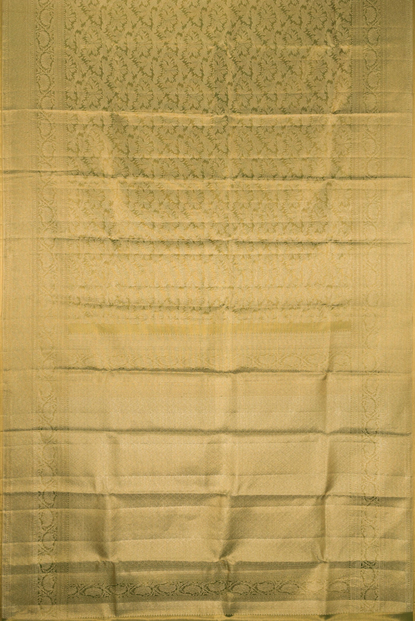 Flat view of Green Dual Tone Kanjivaram Tissue Silk Saree with Zari Brocade on the body and Fancy Border. 