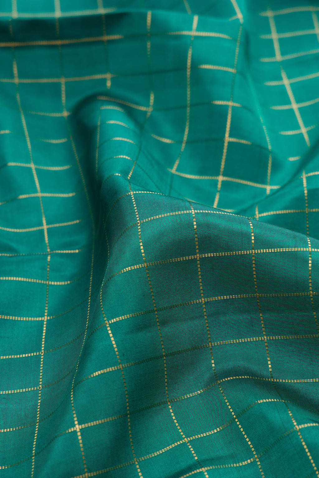 Close up of Green Kanjivaram Silk Saree with Checked design on the body and Zari Border.  displaying folds