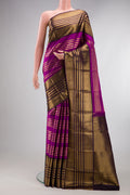Pure Silk Magenta Kanjivaram Saree with Stripes on the body and Fancy Border.  displayed on a mannequin