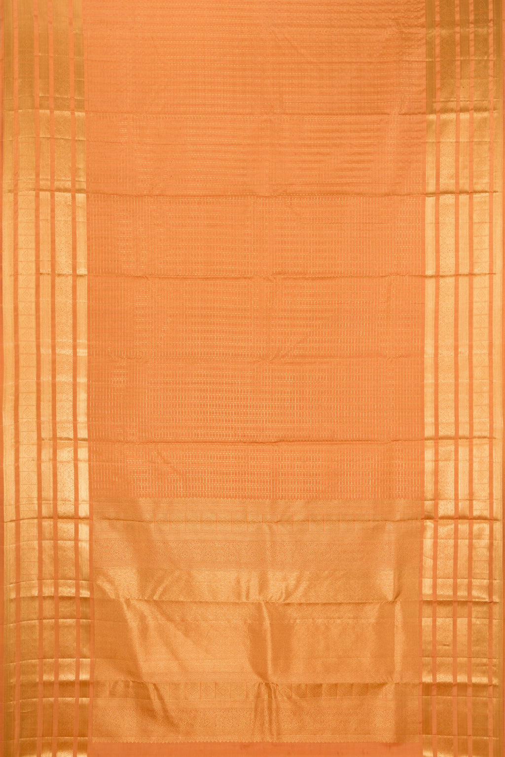 Flat view of Sandal Kanjivaram Silk Saree with Checked design on the body and Zari Border. 