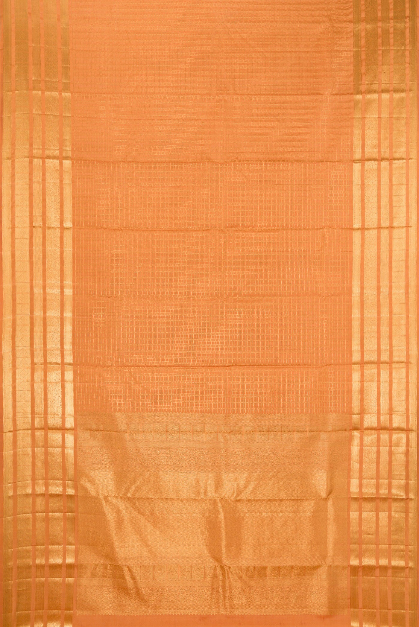 Flat view of Sandal Kanjivaram Silk Saree with Checked design on the body and Zari Border. 
