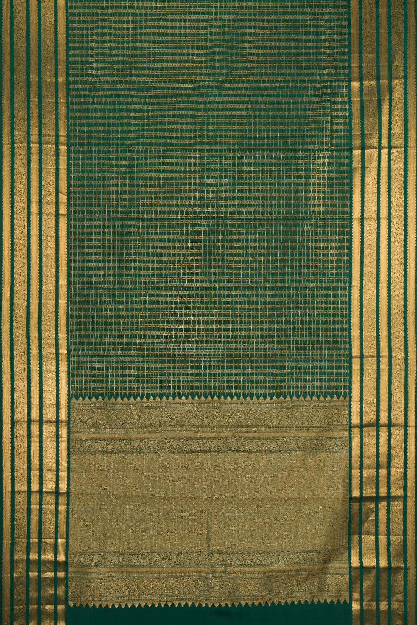 Flat view of Bottle Green Kanjivaram Silk Saree with Checked design on the body and Zari Border. 