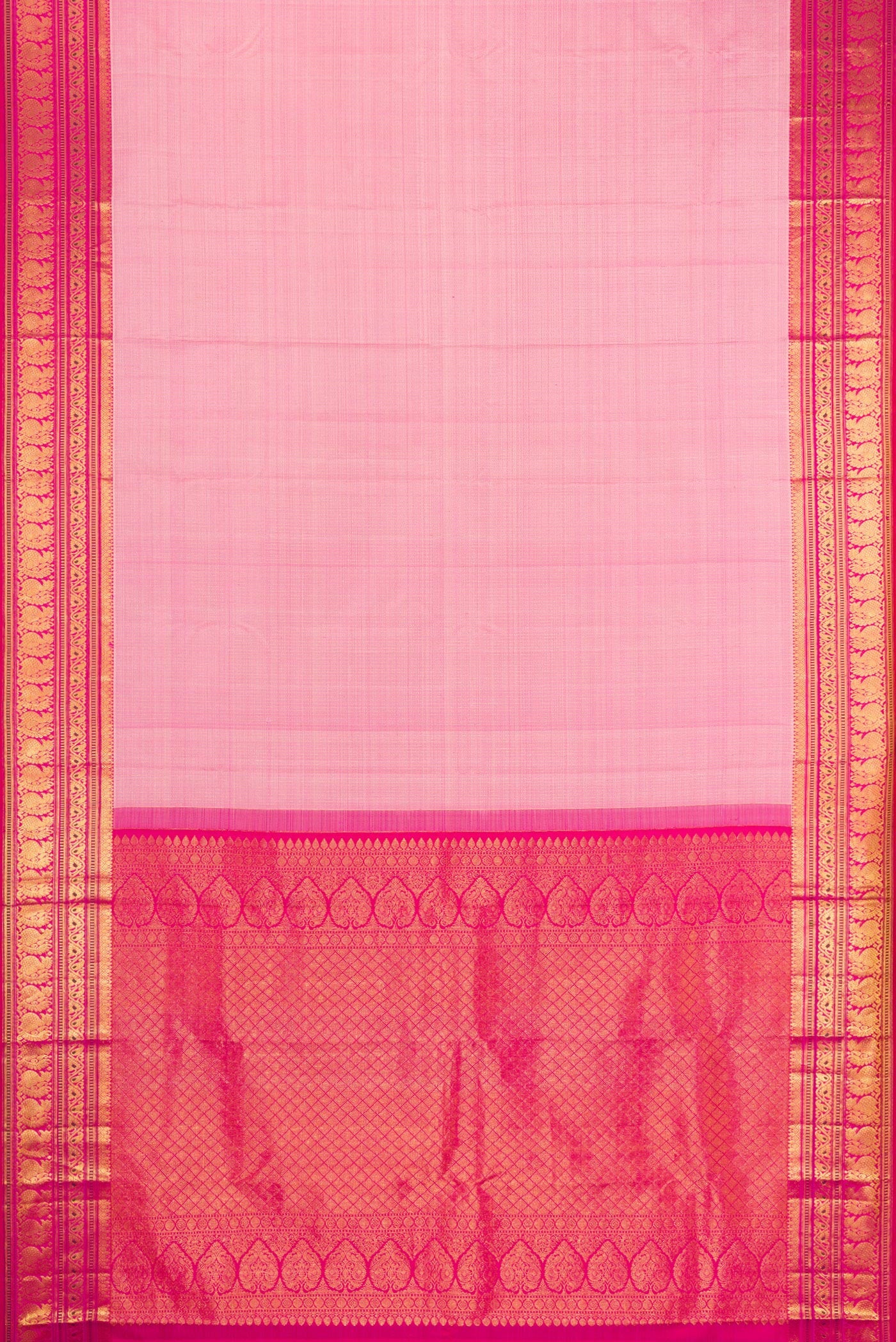 Flat view of Rose pink Kanjivaram Silk Saree with Stripes on the body and Zari Border. 