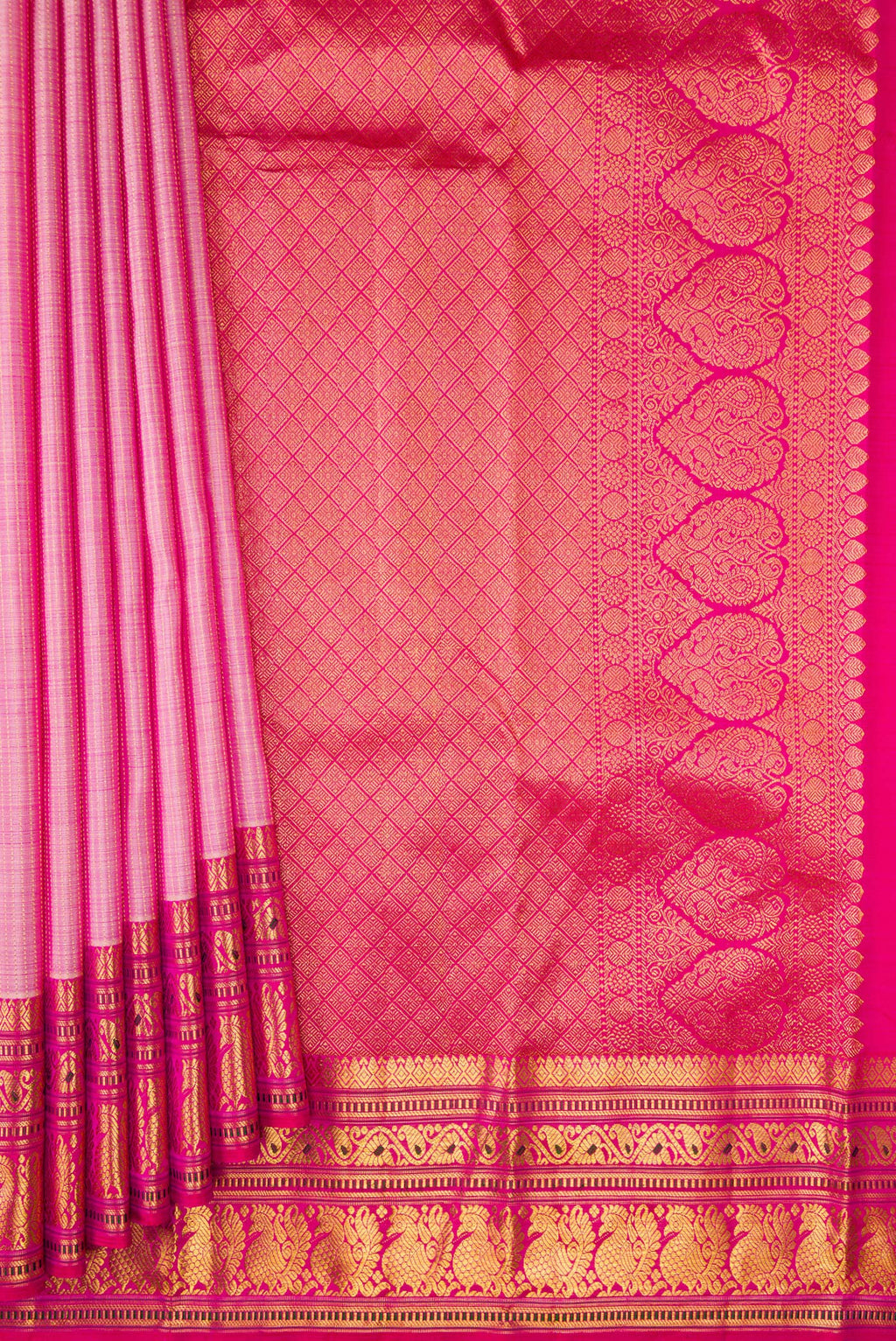 Pleats and pallu of Rose pink Kanjivaram Silk Saree with Stripes on the body and Zari Border. 