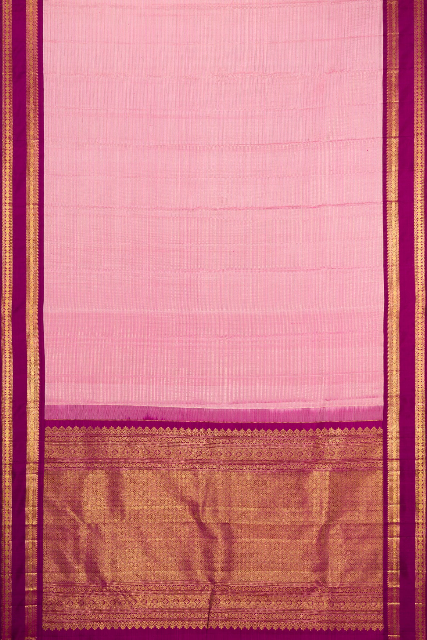 Flat view of Rose pink Kanjivaram Silk Saree with Stripes on the body and Zari Border. 
