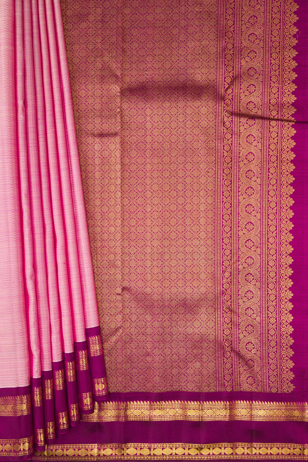 Pleats and pallu of Rose pink Kanjivaram Silk Saree with Stripes on the body and Zari Border. 