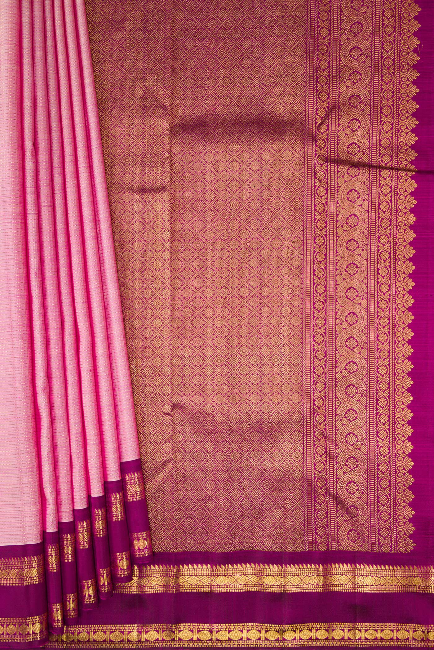 Pleats and pallu of Rose pink Kanjivaram Silk Saree with Stripes on the body and Zari Border. 