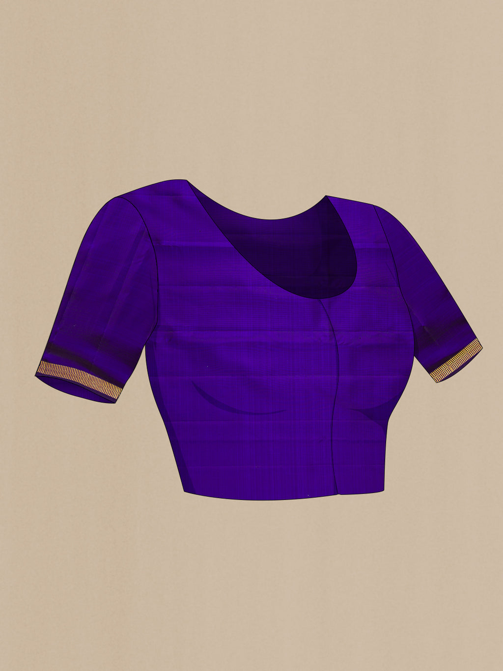 Close up image of the blouse of Violet Kanjivaram Silk Saree with Zari Butta on the body and Zari Border. 