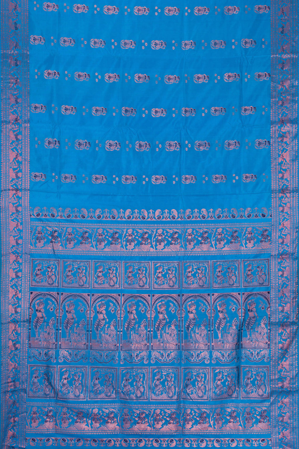 Flat view of Sky Blue Dual Tone Baluchari Silk Saree with Zari And Thread Butta on the body and Fancy Border. 