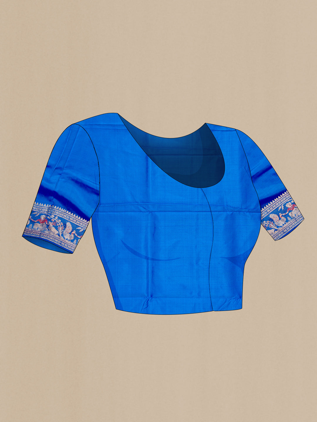 Close up image of the blouse of Royal Blue Dual Tone Baluchari Silk Saree with Zari And Thread Butta on the body and Fancy Border. 