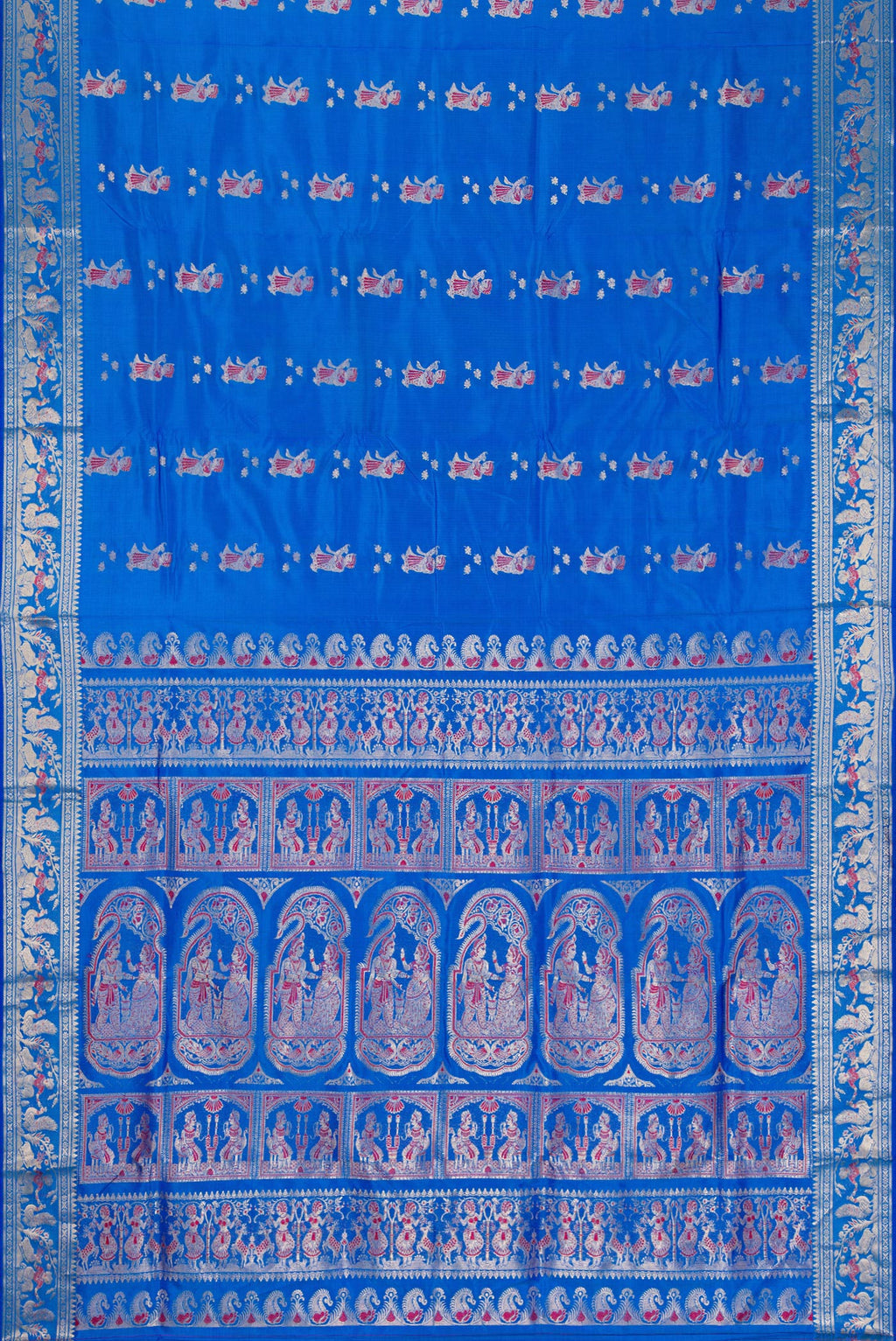 Flat view of Royal Blue Dual Tone Baluchari Silk Saree with Zari And Thread Butta on the body and Fancy Border. 