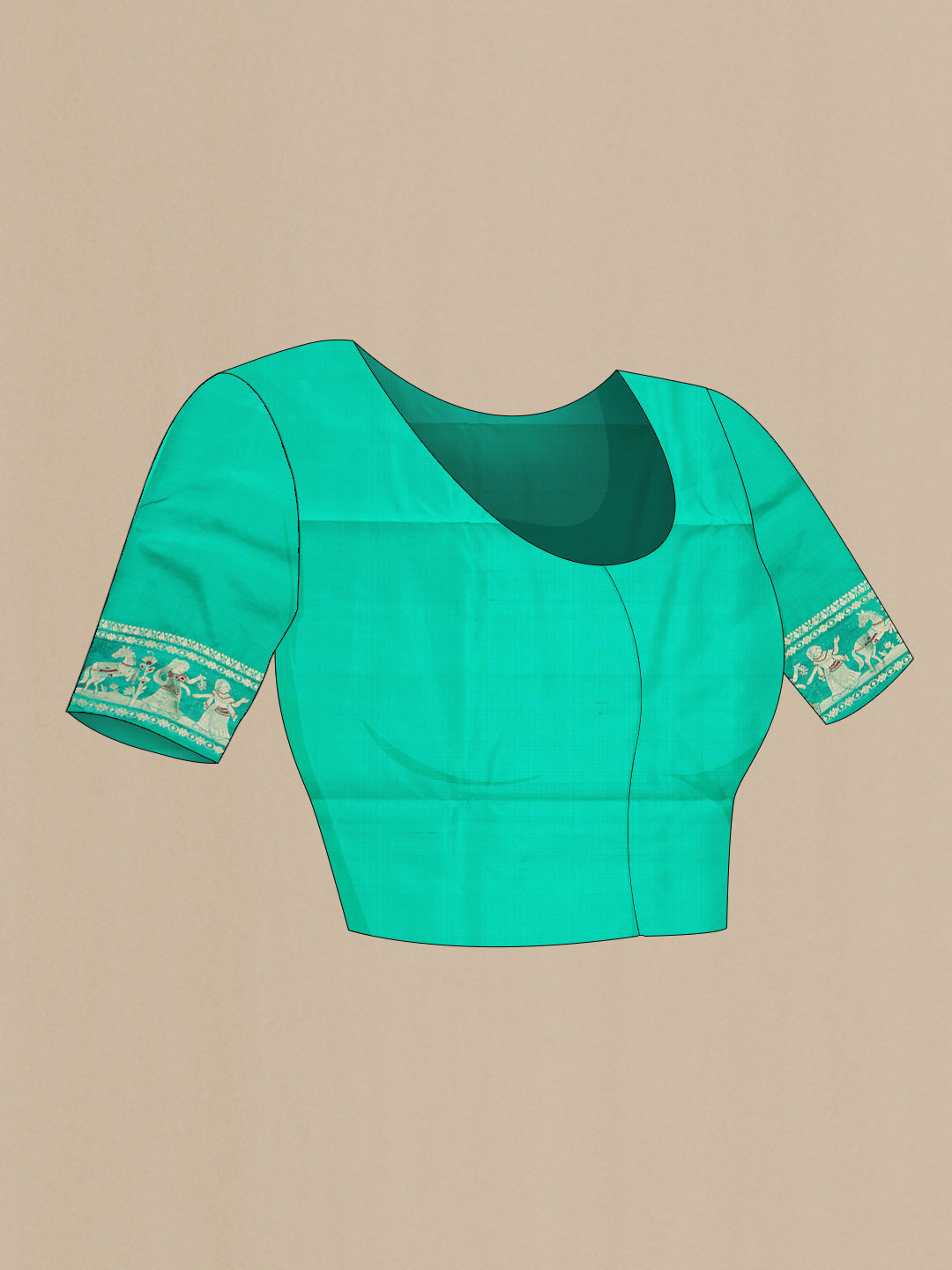 Close up image of the blouse of Sea Green Dual Tone Baluchari Silk Saree with Zari And Thread Butta on the body and Fancy Border. 