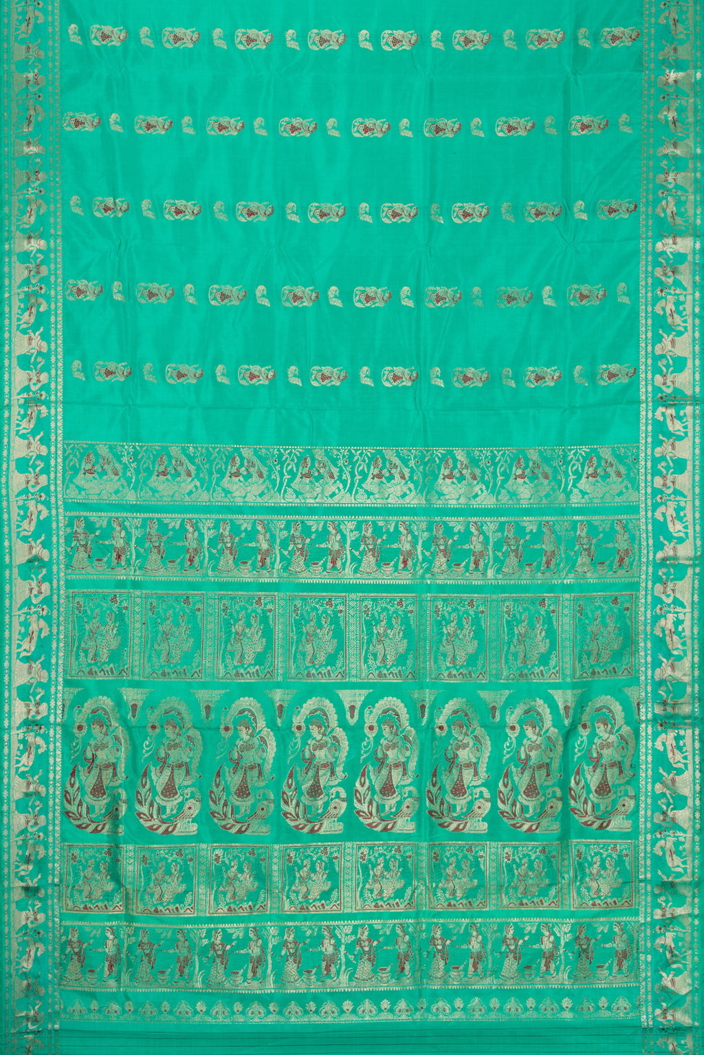 Flat view of Sea Green Dual Tone Baluchari Silk Saree with Zari And Thread Butta on the body and Fancy Border. 
