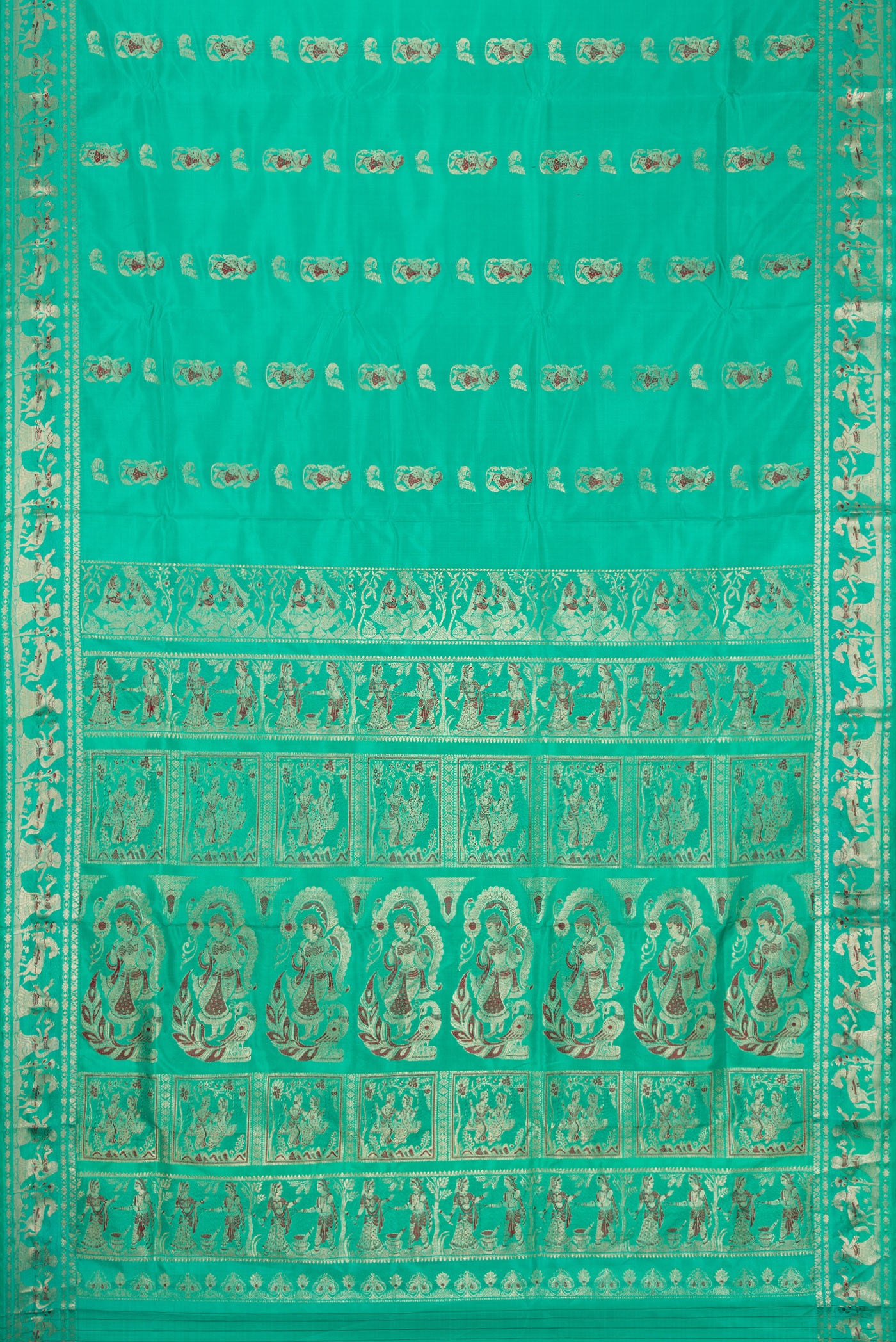 Flat view of Sea Green Dual Tone Baluchari Silk Saree with Zari And Thread Butta on the body and Fancy Border. 