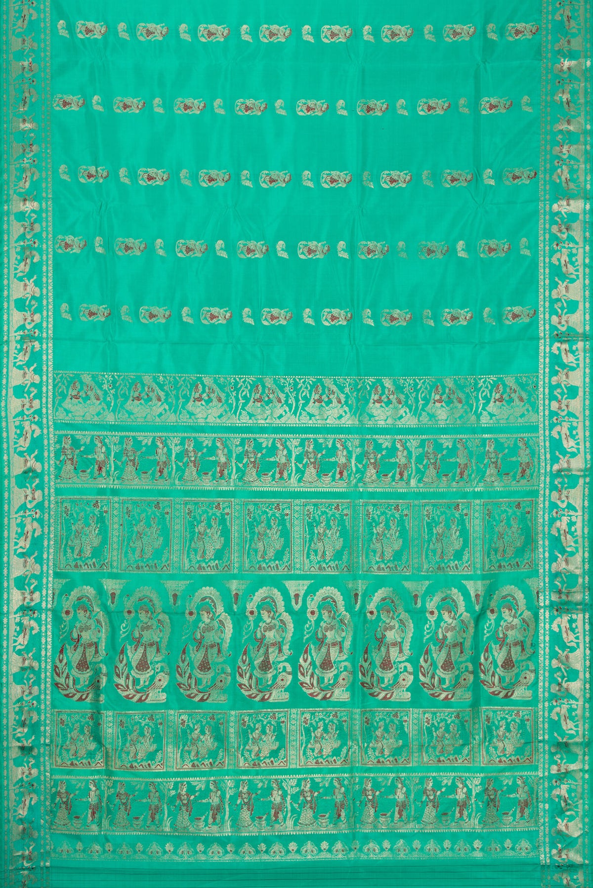 Flat view of Sea Green Dual Tone Baluchari Silk Saree with Zari And Thread Butta on the body and Fancy Border. 