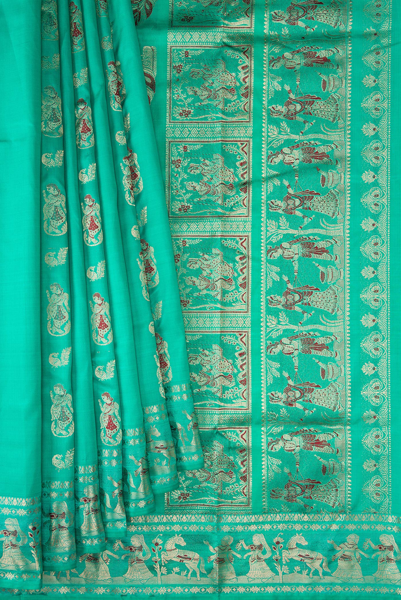 Pleats and pallu of Sea Green Dual Tone Baluchari Silk Saree with Zari And Thread Butta on the body and Fancy Border. 