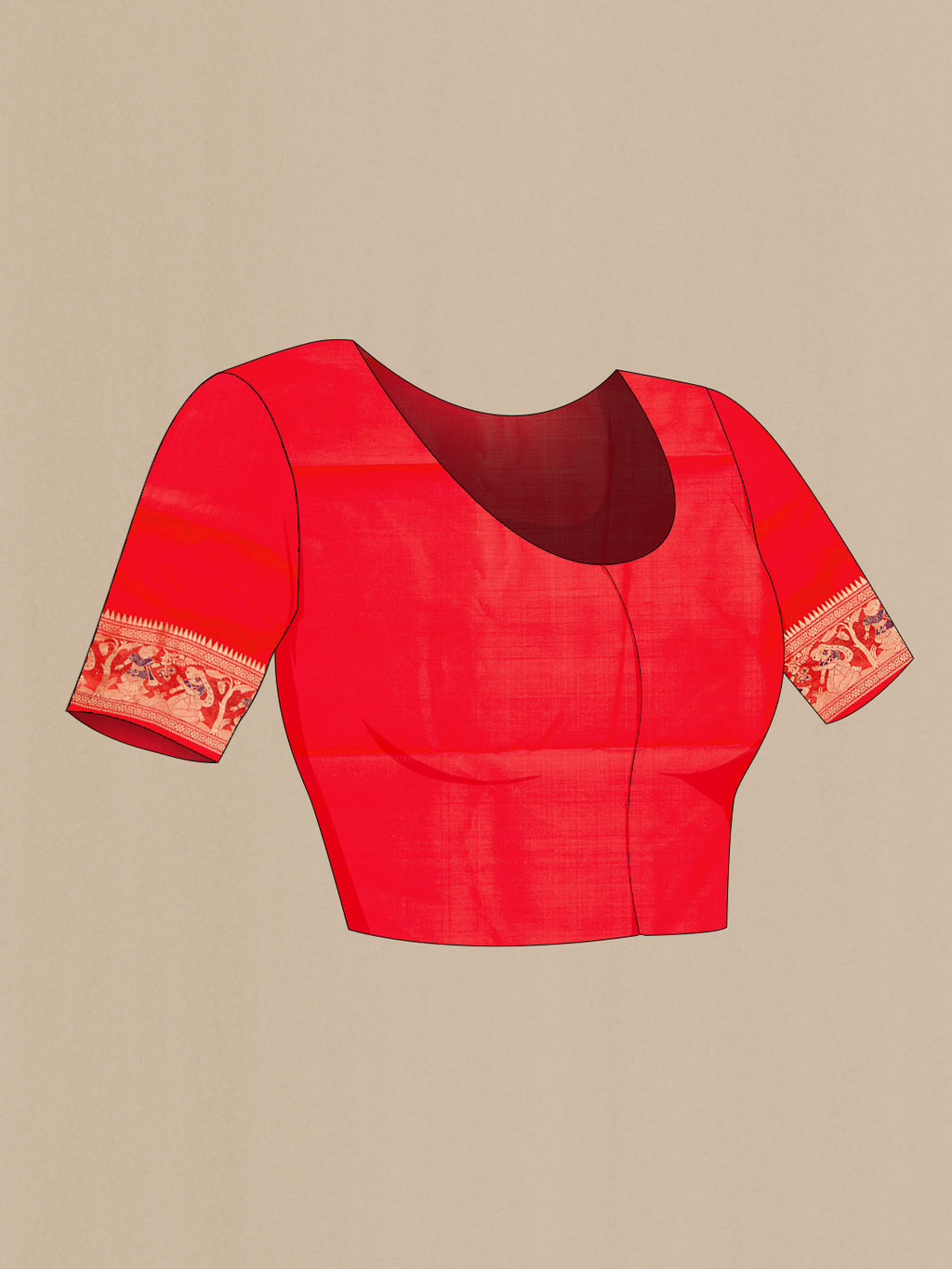Close up image of the blouse of Orange Baluchari Silk Saree with Zari And Thread Butta on the body and Fancy Border. 