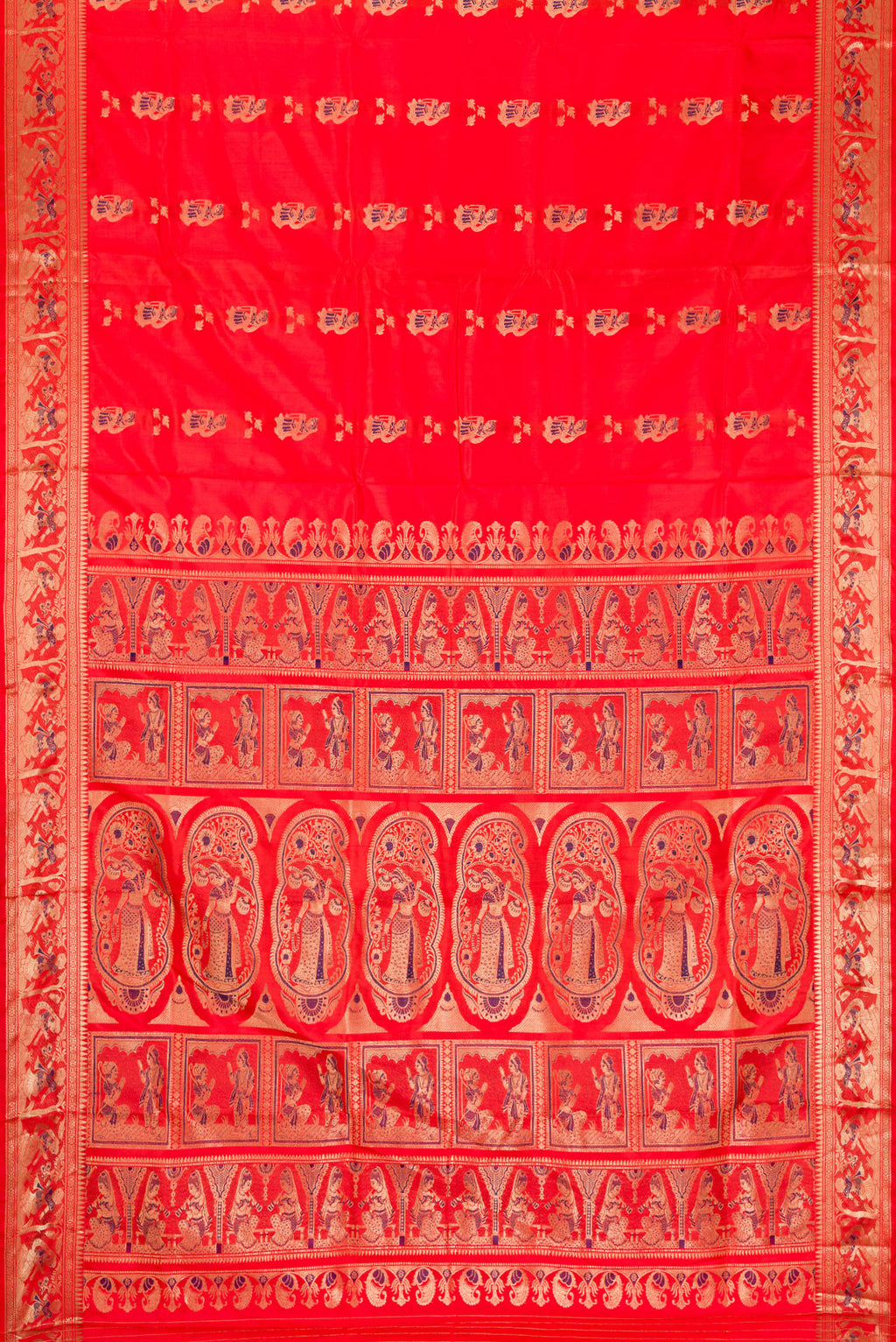 Flat view of Orange Baluchari Silk Saree with Zari And Thread Butta on the body and Fancy Border. 