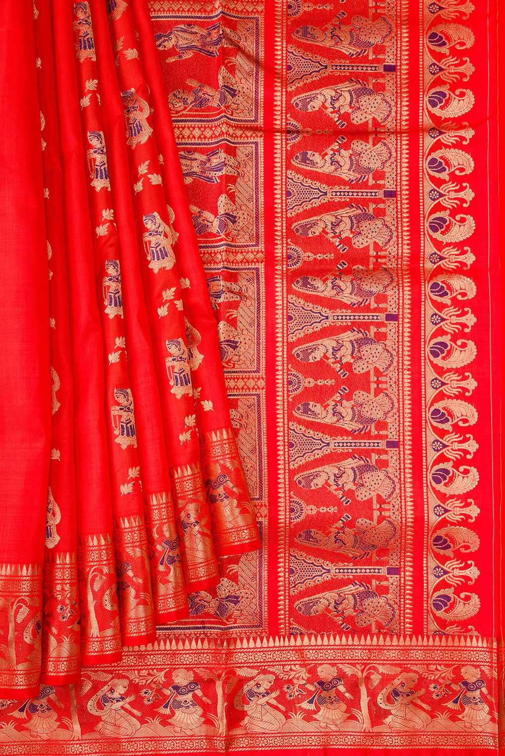 Pleats and pallu of Orange Baluchari Silk Saree with Zari And Thread Butta on the body and Fancy Border. 