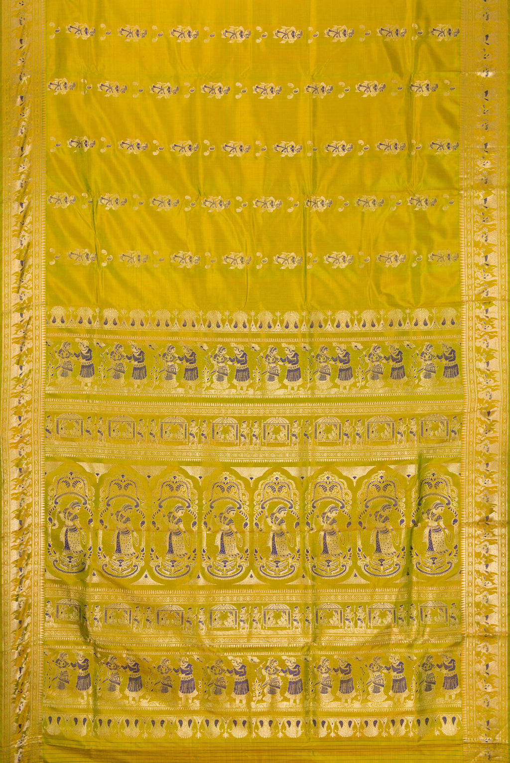 Flat view of Mehandi Green Dual Tone Baluchari Silk Saree with Zari And Thread Butta on the body and Zari And Thread Border. 