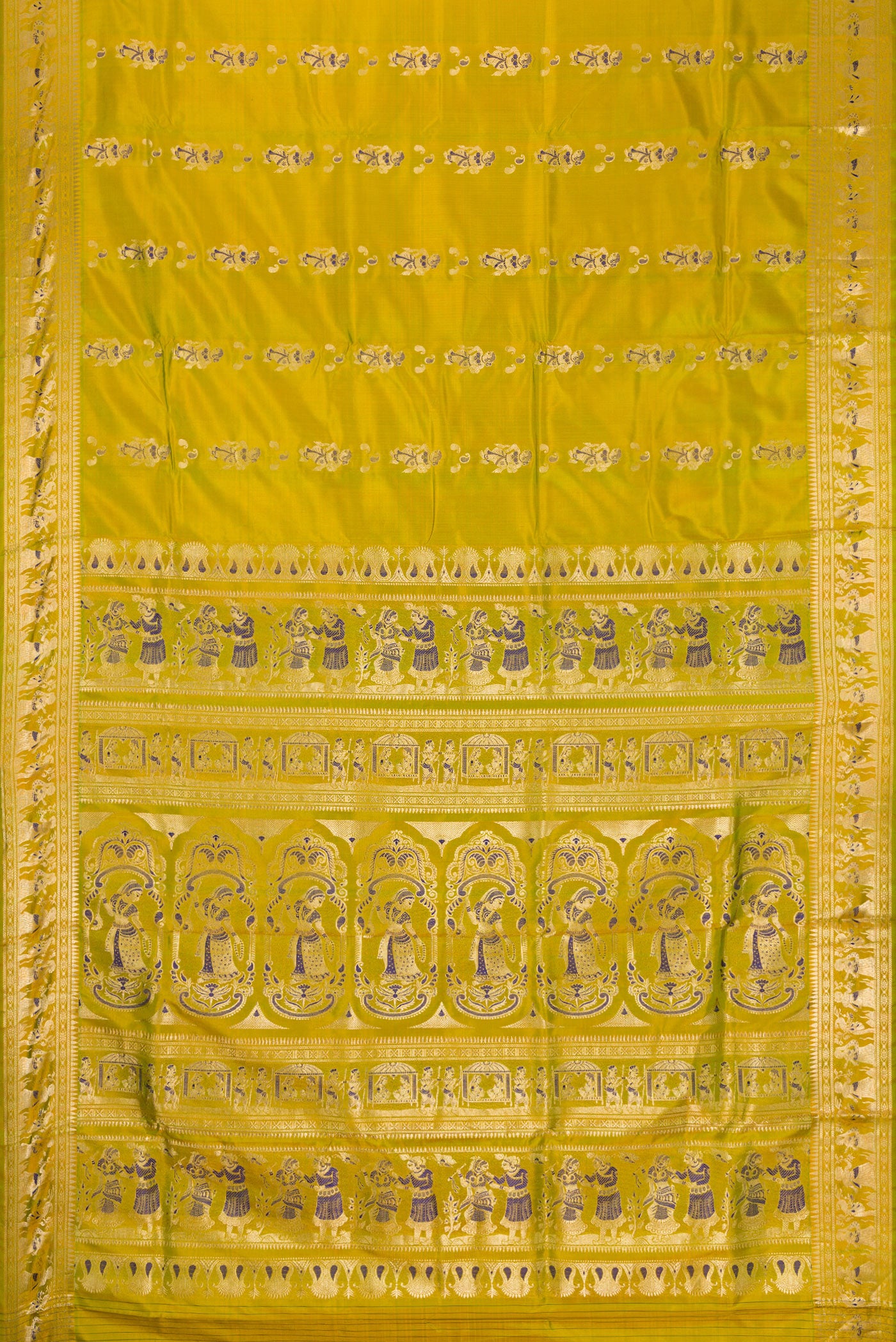 Flat view of Mehandi Green Dual Tone Baluchari Silk Saree with Zari And Thread Butta on the body and Zari And Thread Border. 