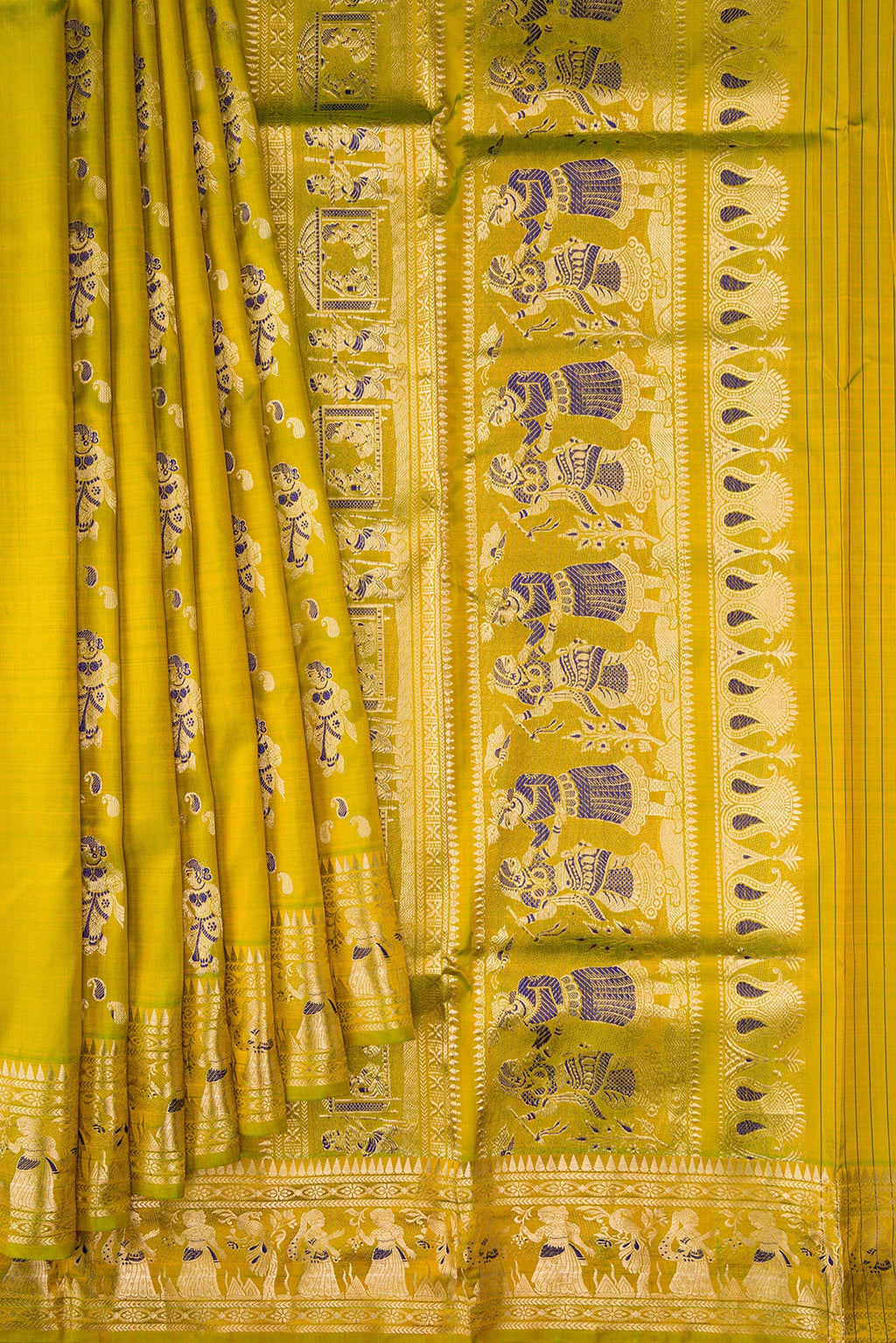 Pleats and pallu of Mehandi Green Dual Tone Baluchari Silk Saree with Zari And Thread Butta on the body and Zari And Thread Border. 