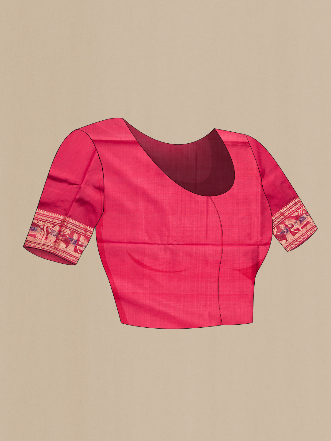 Close up image of the blouse of Maroon Baluchari Silk Saree with Zari And Thread Butta on the body and Zari Border. 