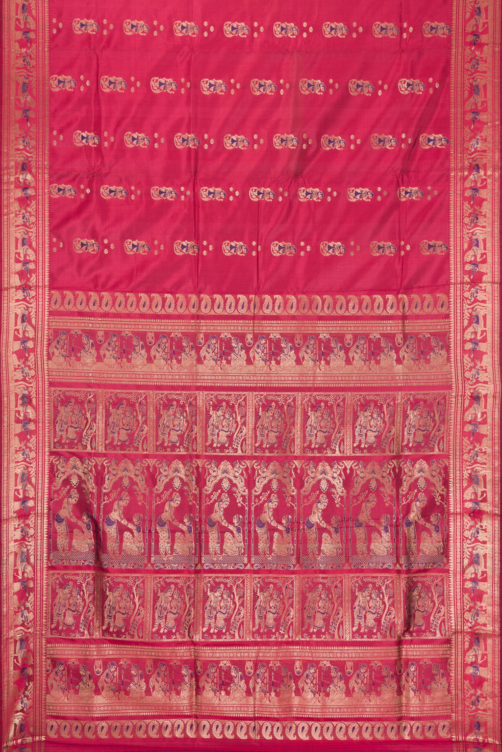 Flat view of Maroon Baluchari Silk Saree with Zari And Thread Butta on the body and Zari Border. 