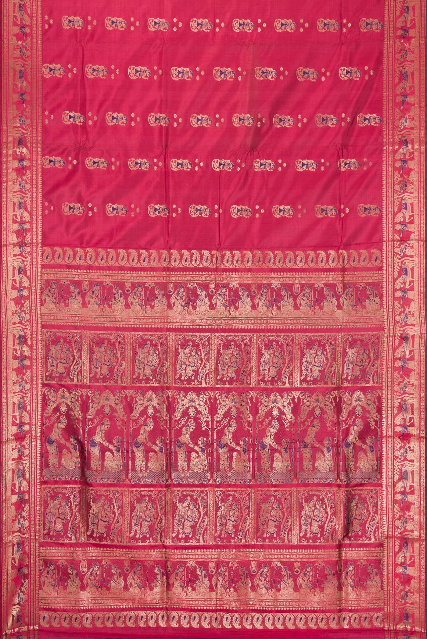 Flat view of Maroon Baluchari Silk Saree with Zari And Thread Butta on the body and Zari Border. 