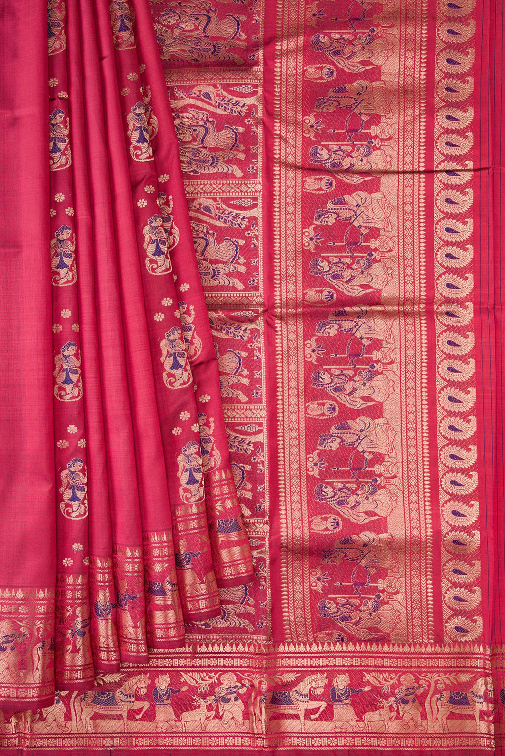 Pleats and pallu of Maroon Baluchari Silk Saree with Zari And Thread Butta on the body and Zari Border. 
