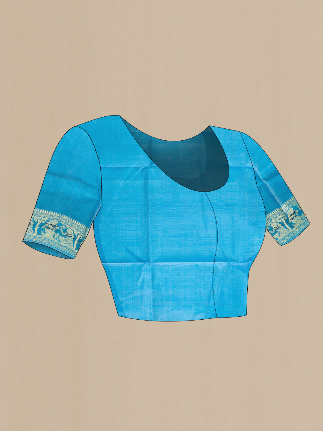 Close up image of the blouse of Sky Blue Dual Tone Baluchari Silk Saree with Thread Butta on the body and Thread Border. 