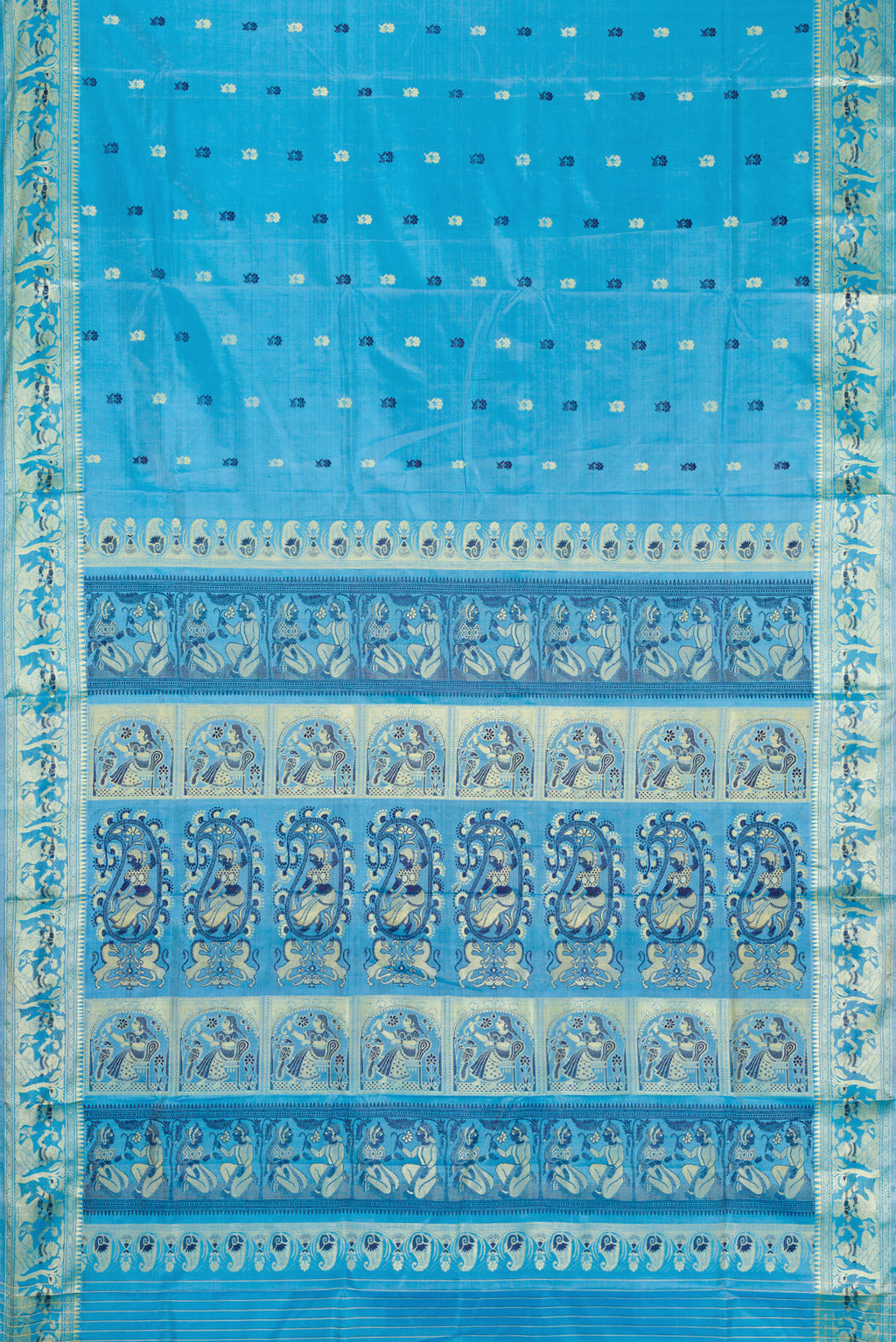 Flat view of Sky Blue Dual Tone Baluchari Silk Saree with Thread Butta on the body and Thread Border. 