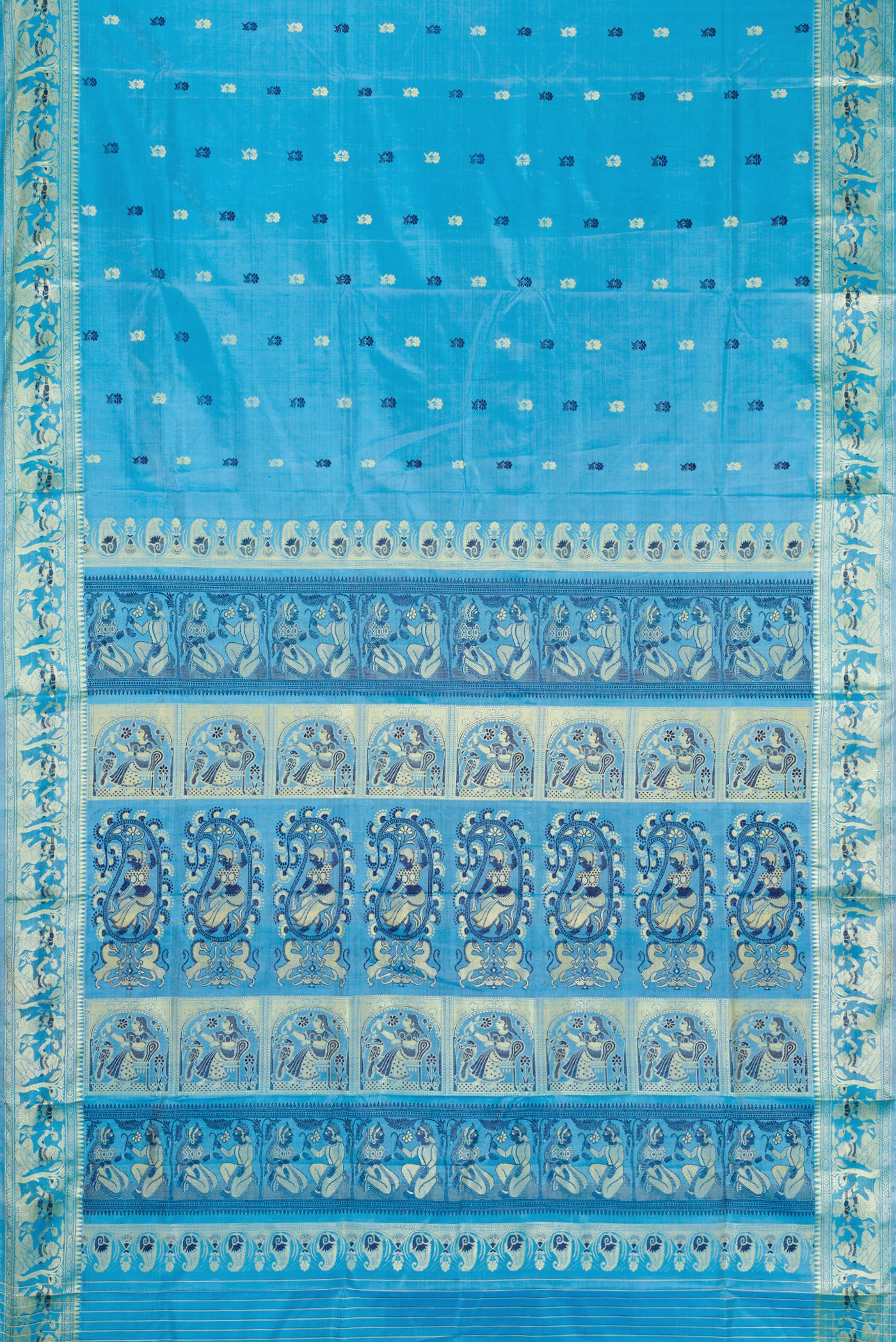 Flat view of Sky Blue Dual Tone Baluchari Silk Saree with Thread Butta on the body and Thread Border. 