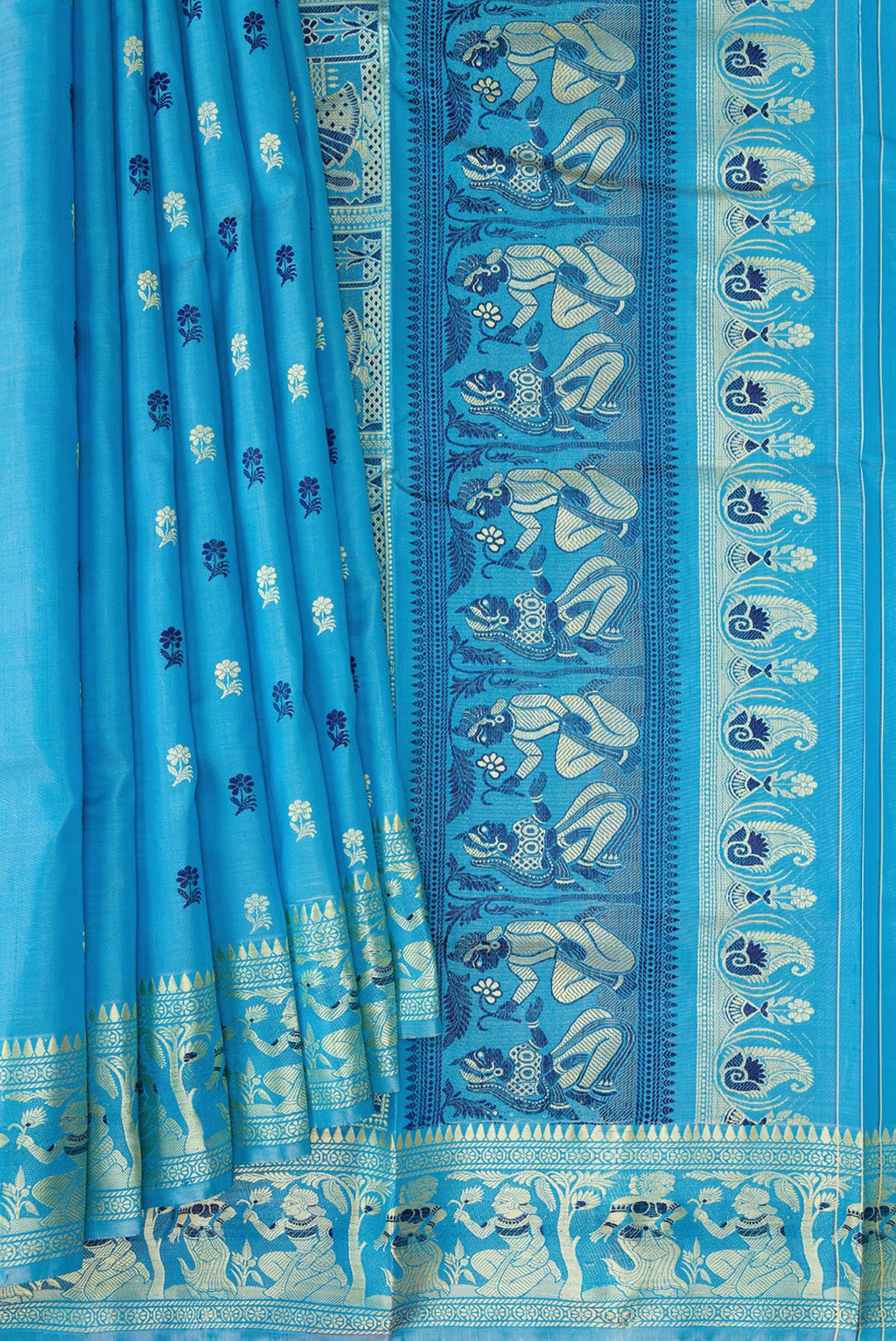 Pleats and pallu of Sky Blue Dual Tone Baluchari Silk Saree with Thread Butta on the body and Thread Border. 