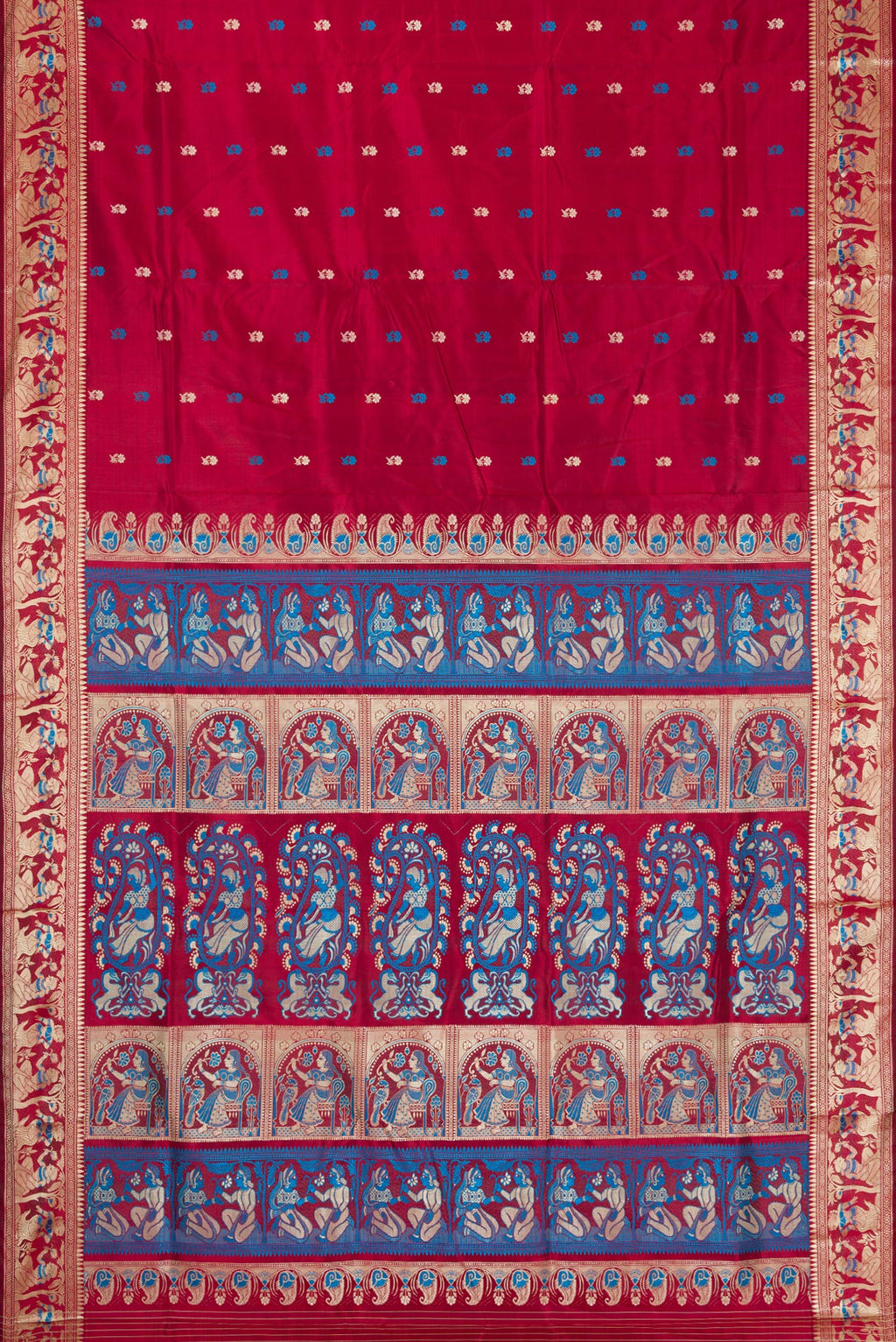 Flat view of Maroon Dual Tone Baluchari Silk Saree with Thread Butta on the body and Thread Border. 