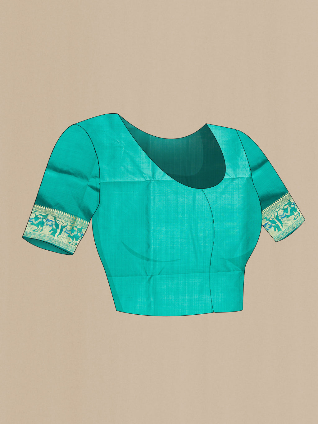 Close up image of the blouse of Turquoise Baluchari Silk Saree with Thread Butta on the body and Thread Border. 