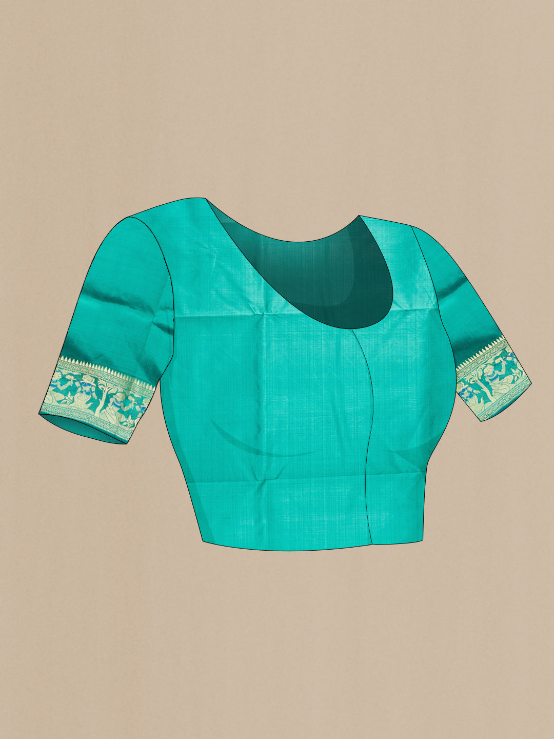 Close up image of the blouse of Turquoise Baluchari Silk Saree with Thread Butta on the body and Thread Border. 