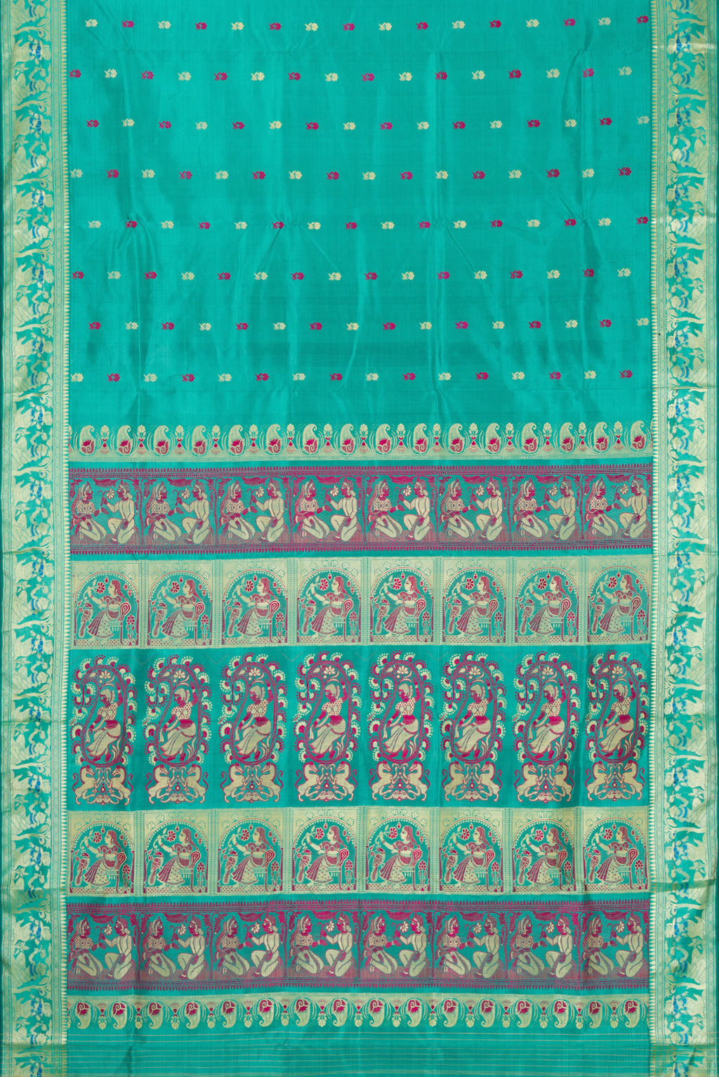 Flat view of Turquoise Baluchari Silk Saree with Thread Butta on the body and Thread Border. 