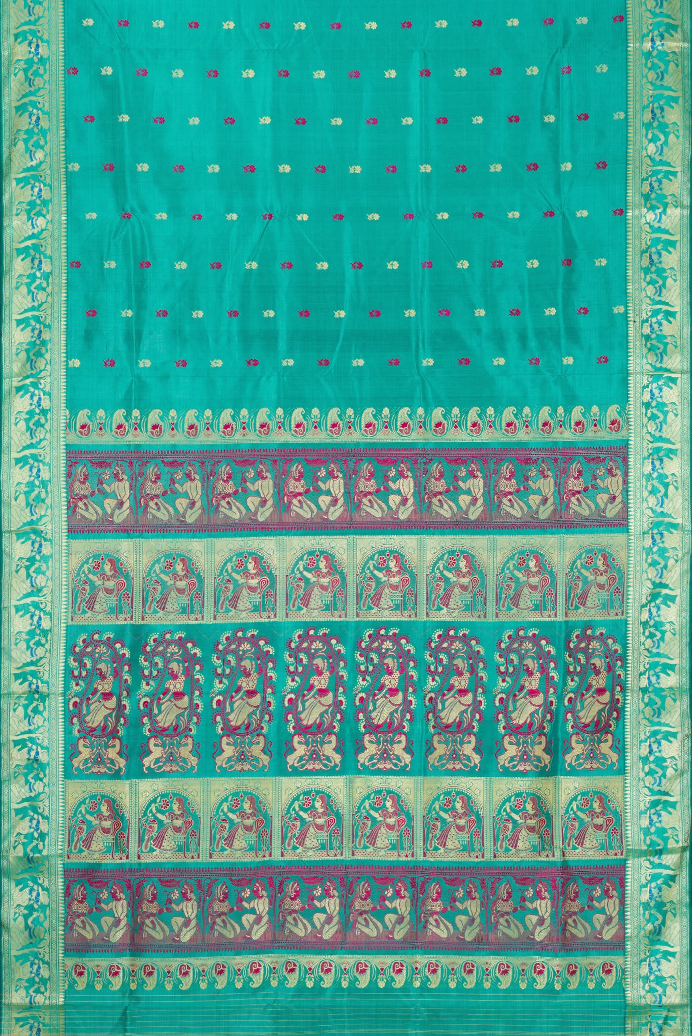 Flat view of Turquoise Baluchari Silk Saree with Thread Butta on the body and Thread Border. 