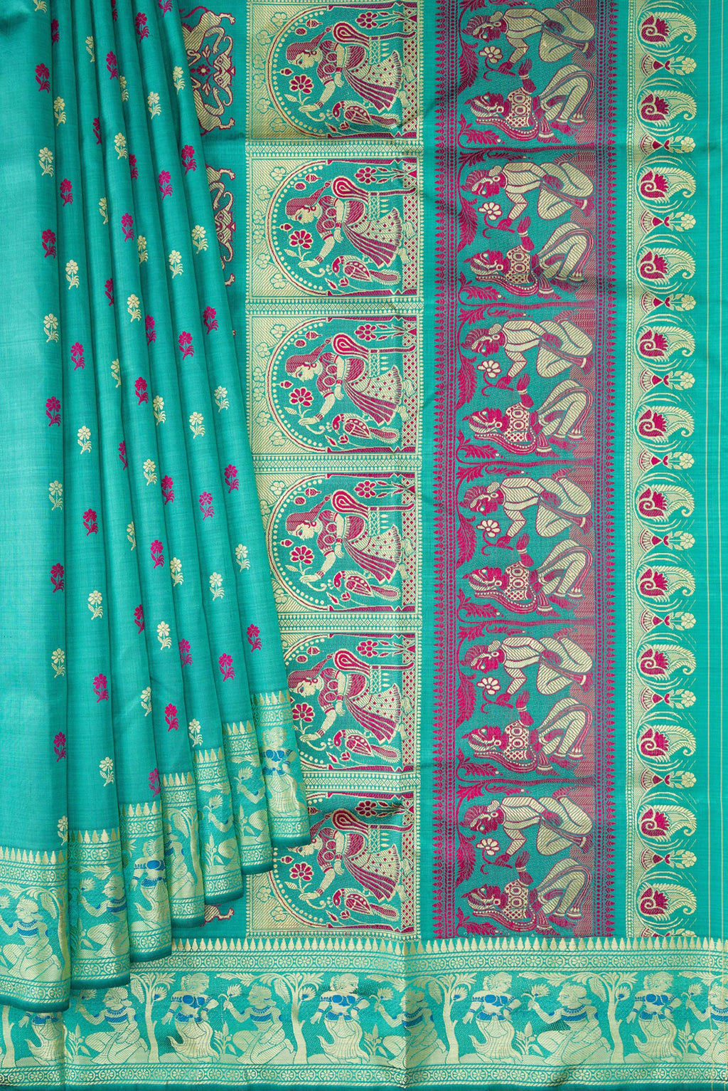 Pleats and pallu of Turquoise Baluchari Silk Saree with Thread Butta on the body and Thread Border. 
