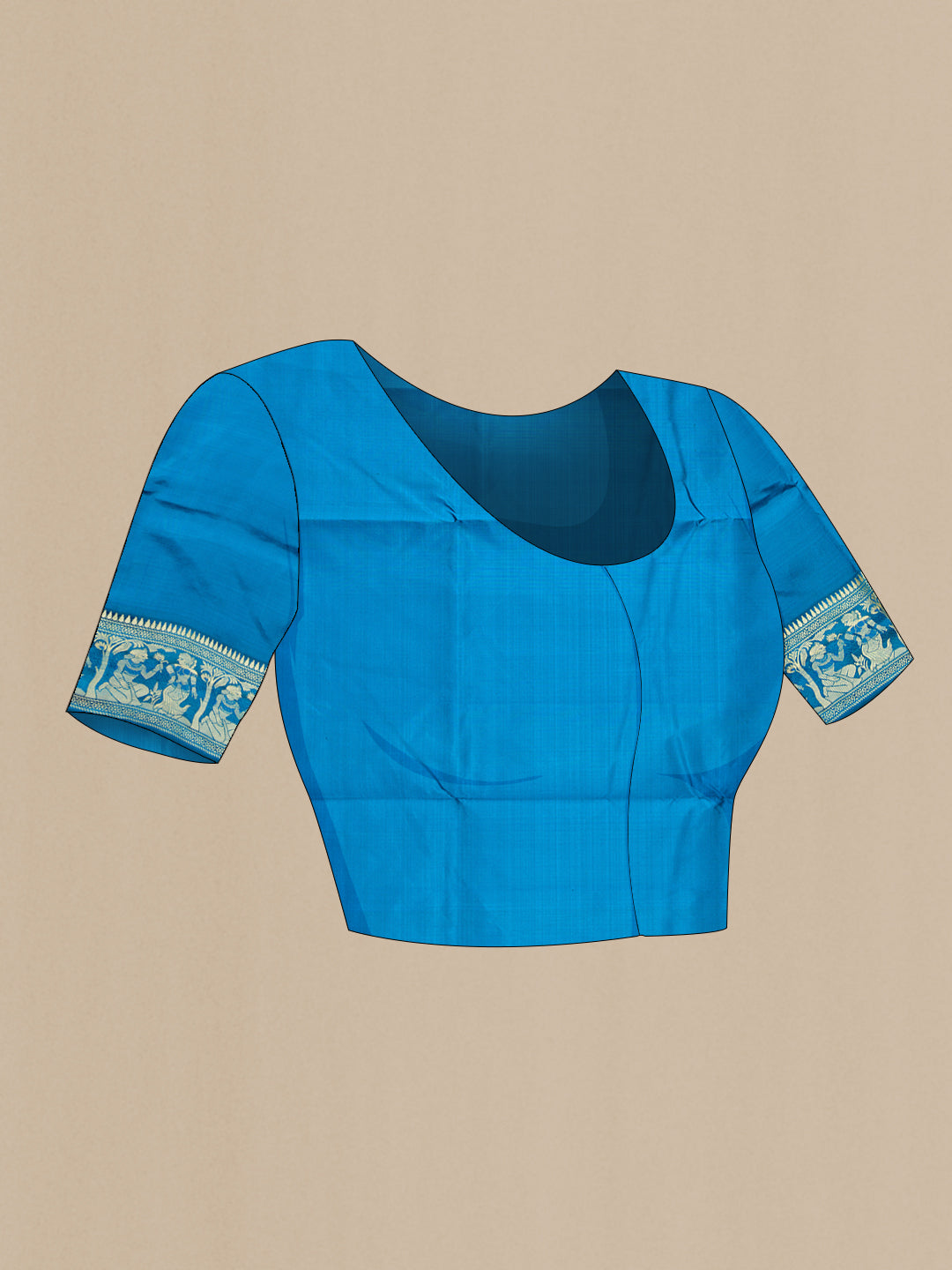 Close up image of the blouse of Sky Blue Baluchari Silk Saree with Thread Butta on the body and Thread Border. 