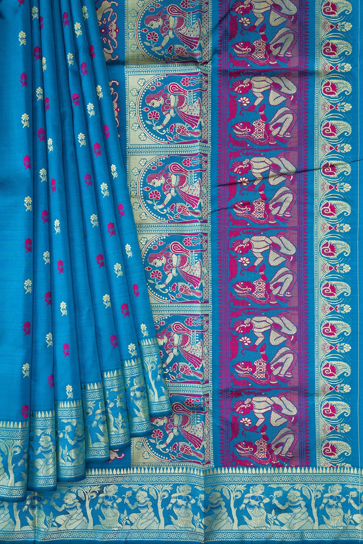 Pleats and pallu of Sky Blue Baluchari Silk Saree with Thread Butta on the body and Thread Border. 