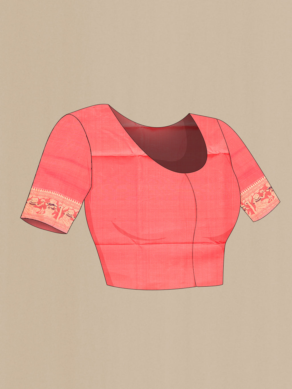Close up image of the blouse of Peach Baluchari Silk Saree with Thread Butta on the body and Thread Border. 