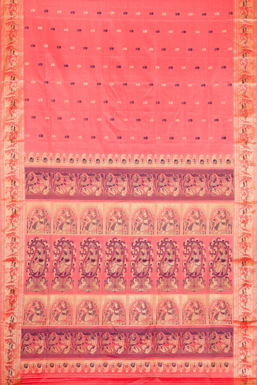 Flat view of Peach Baluchari Silk Saree with Thread Butta on the body and Thread Border. 
