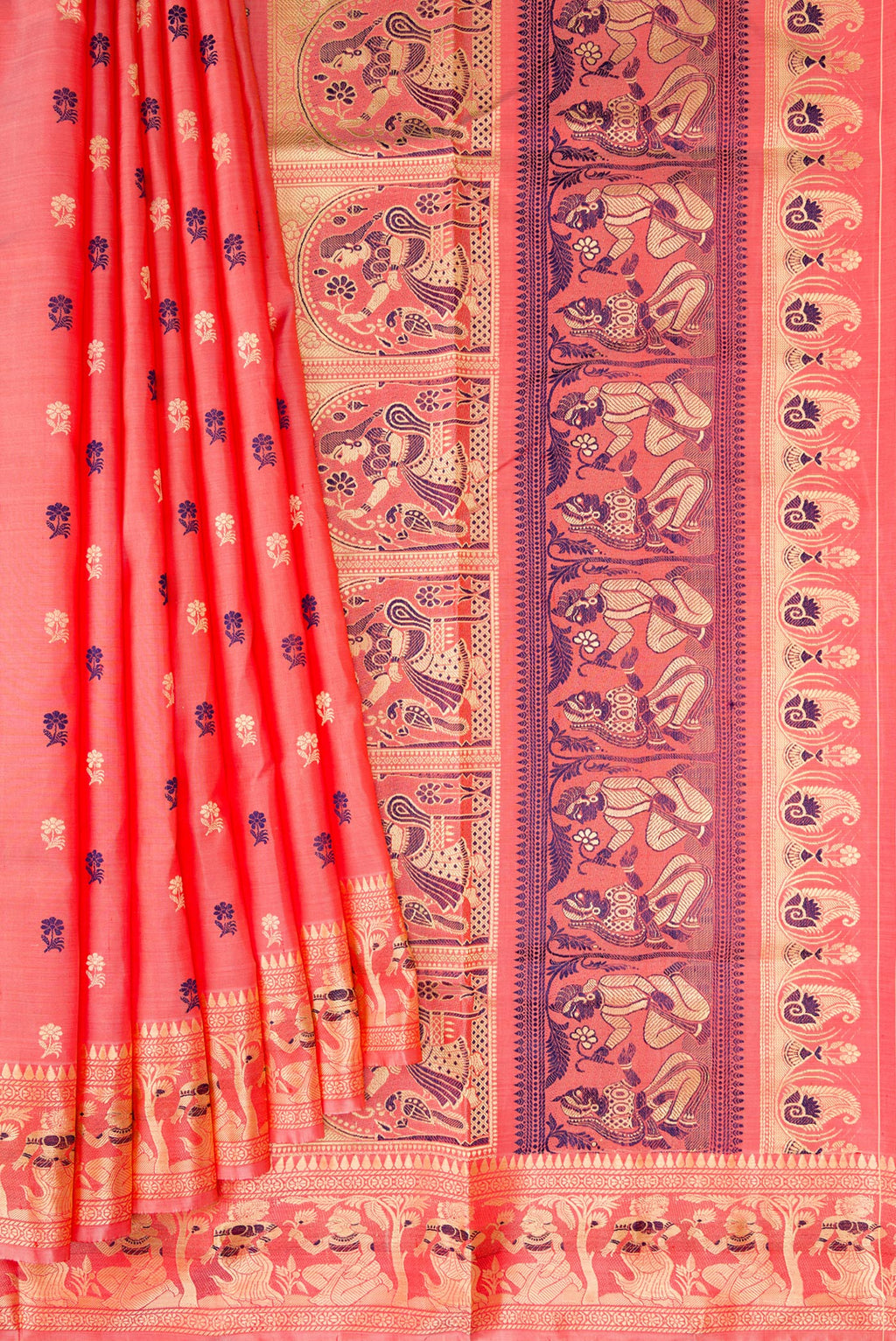 Pleats and pallu of Peach Baluchari Silk Saree with Thread Butta on the body and Thread Border. 